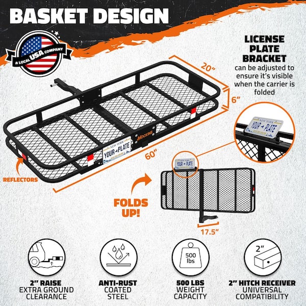 Mockins - 500 lb. Capacity Hitch Mount Cargo Carrier Basket with 16 cu. ft. Cargo Bag, Straps, Net, Folding Shank and 2 in. Raise