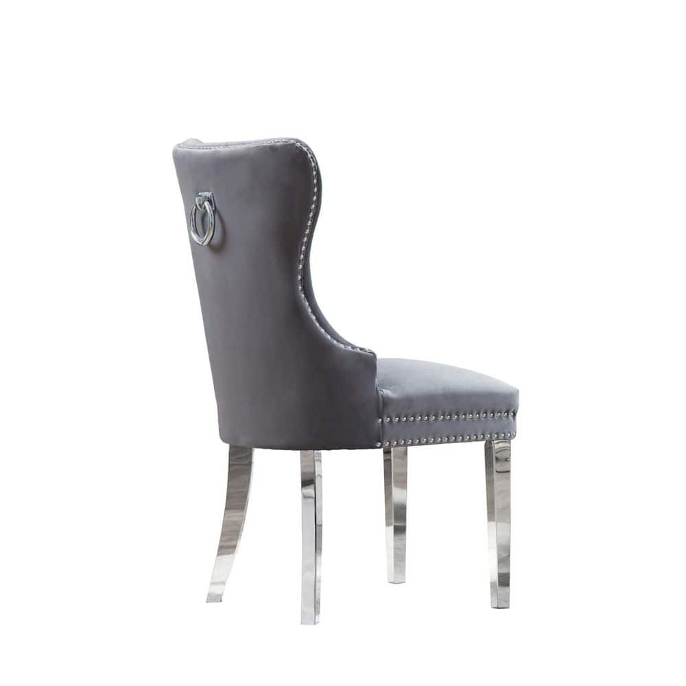 White Genuine Marble Dining Set with Dark Grey Velvet Wingback Chairs