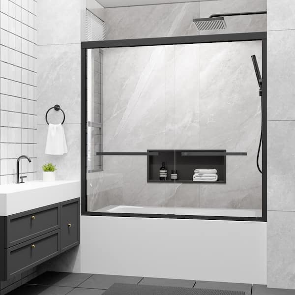 56-60 in. W x 58 in. H Double Sliding Framed Tub Door with Nano-Coated Clean Tempered Glass in Matte Black