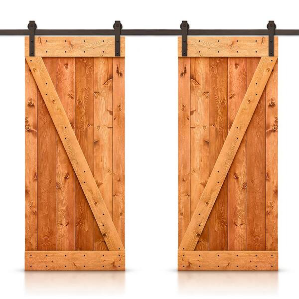 CALHOME 72 in. x 84 in. Z Bar Series Red Walnut Stained DIY Solid Pine Wood Interior Double Sliding Barn Door With Hardware Kit
