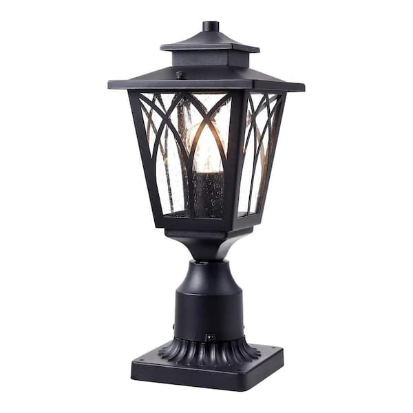JAZAVA 1-Light Black Outdoor Post Light with Seeded Glass Hardwired Pier Mount Light