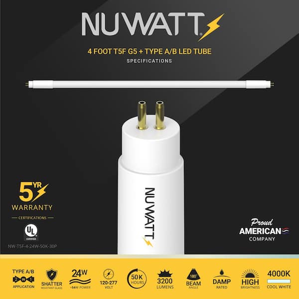 24-Watt 4FT Linear T5 Type A+B LED Tube Light Bulb Ballast Bypass or Plug & Play 4000K, 3200LM High Efficiency 120-277V