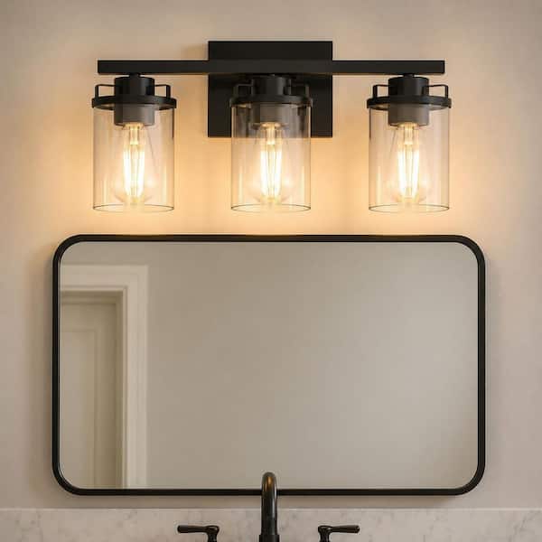 18 in. 3-Light Black Vanity Light with Clear Glass Shades, Budget Bathroom Fixture