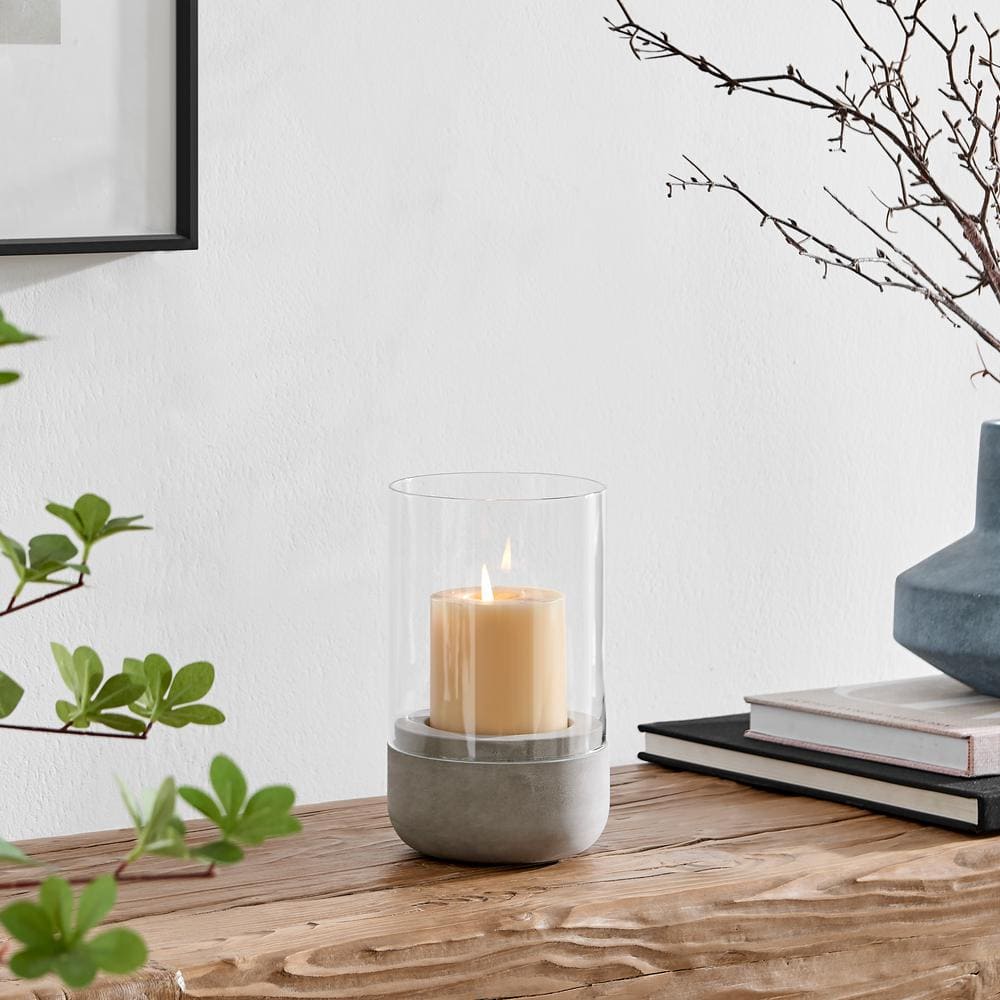 Small Cool Gray Cement Base and Glass Hurricane Candle Holder
