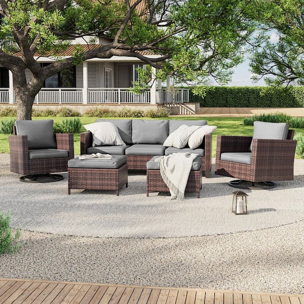 JOYESERY 5-Piece Patio Outdoor Brown Wicker Conversation Seating Set Thickening With Swiveling Rocker, Gray Cushion