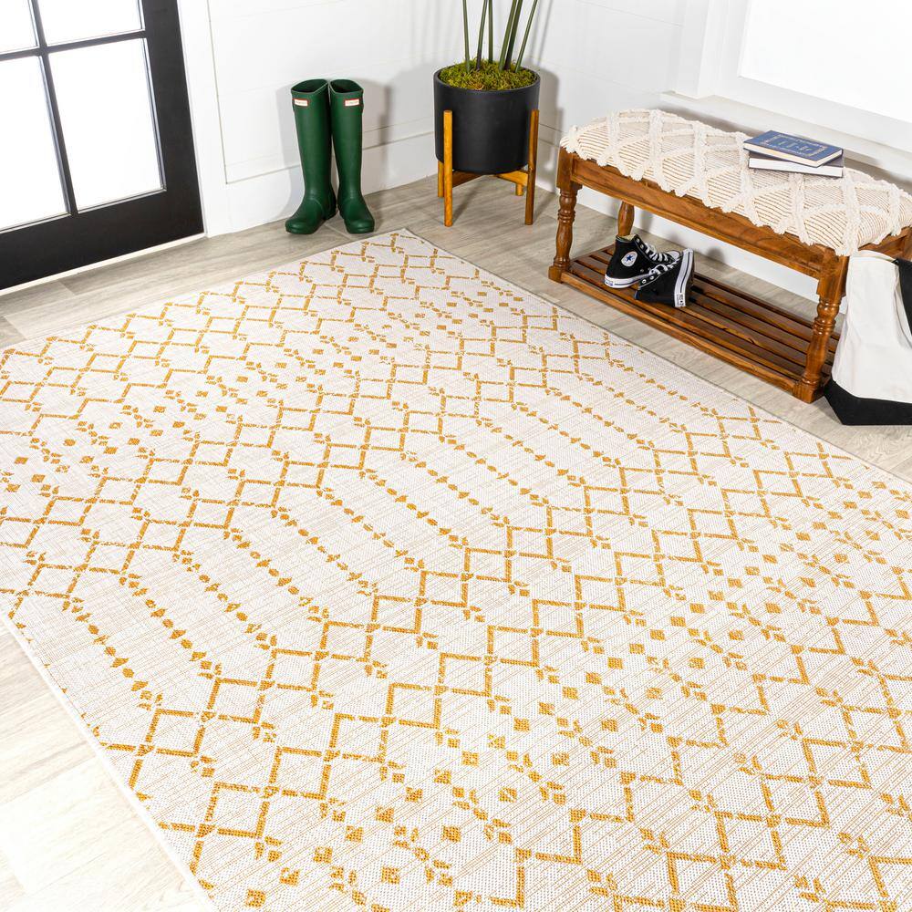 Moroccan Geometric Yellow and Cream 4' x 6' Outdoor Rug