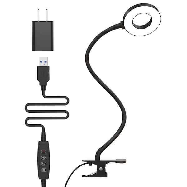 15.8 in. Black Ring Light with 3 Color Modes 10 Brightness Flexible Gooseneck Clamp USB Table Reading Lamp