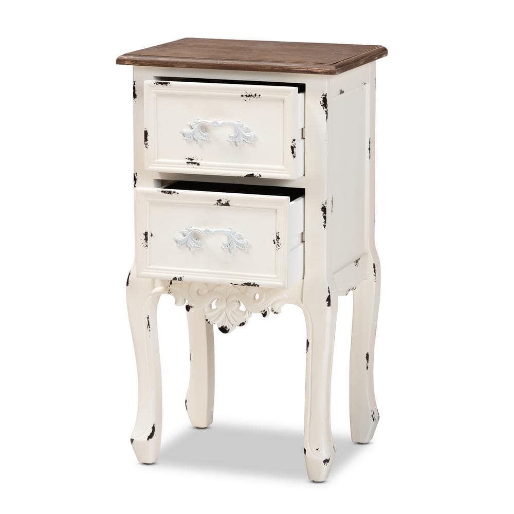 Walnut Brown & Antique White 2-Drawer Mid-Century Nightstand