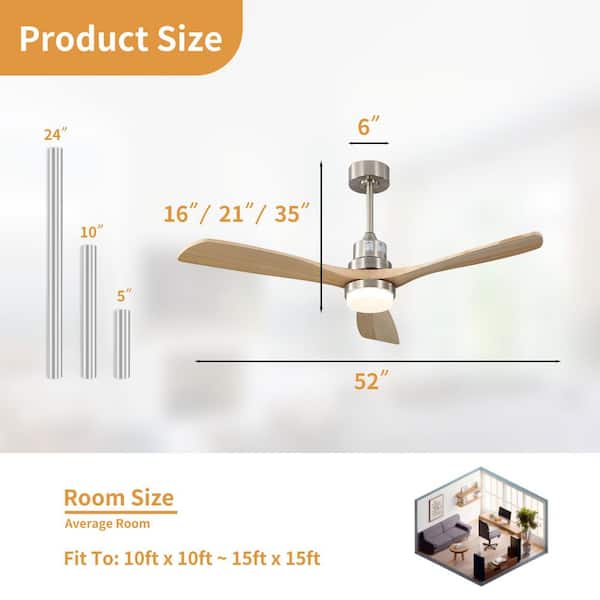 52 in. Integrated LED Indoor Downrod Mount Brushed Nickel Standard Ceiling Fan with Dimmable Light and Remote 6-Speed