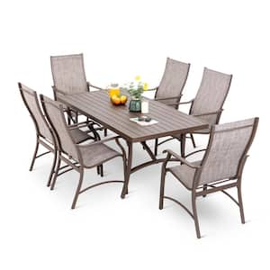 Brown 7-Piece Aluminum Outdoor Dining Set with Umbrella Hole Patio Dining Set with Rectangle Dining Table