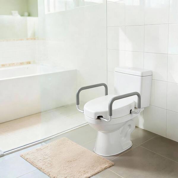 19.7 in. x 22.05 in. Elongated Toilet Seat in White, 300 lbs. Capacity, Widened Riser with Padded Handles for Seniors