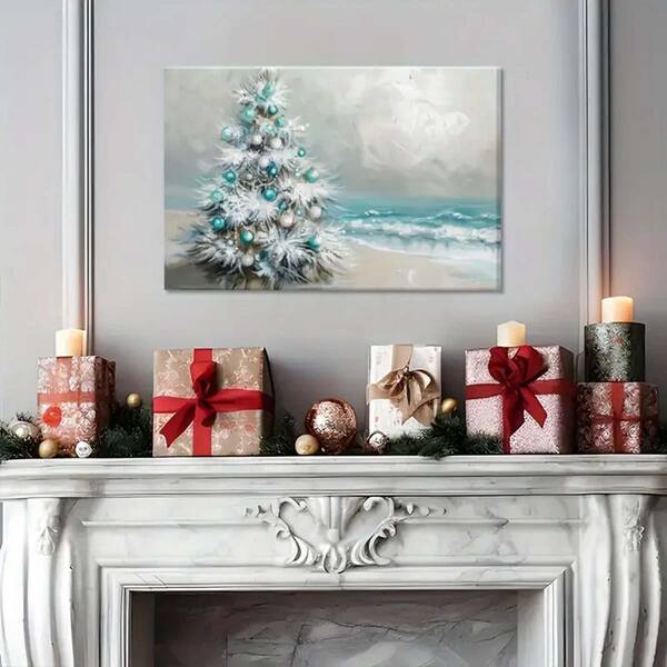 Christmas Framed Canvas Wall Art, 16*24, Christmas Tree By The Sea