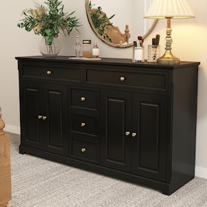 5 Drawers Black Wooden Dresser With 4 Doors and Adjustable Shelves 59.1 in. W x 33.5 in. H x 15.7 in. D