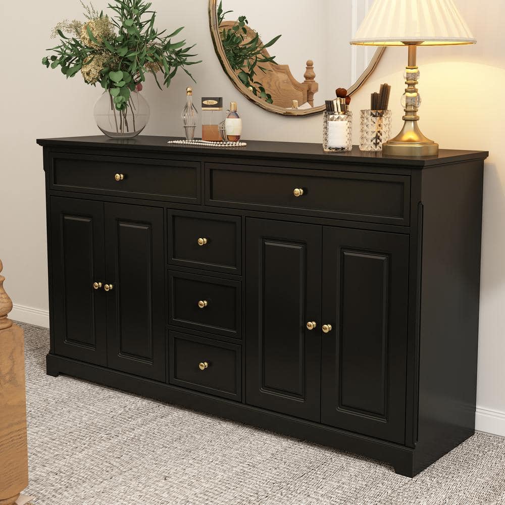 5-Drawer Black Wooden Bedroom Dresser with 4-Door and Adjustable Shelves 59.1 in. W x 33.5 in. H x 15.7 in. D
