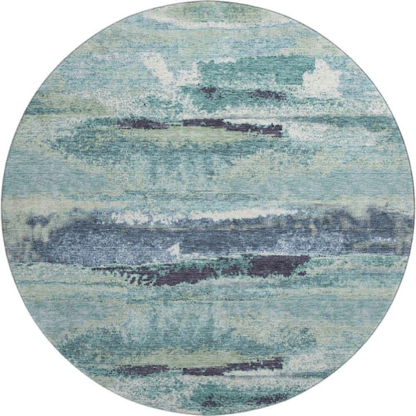 Mayfield Premium Machine Washable Abstract AMF942 Aloe 8 ft. x 8 ft. Round Rug