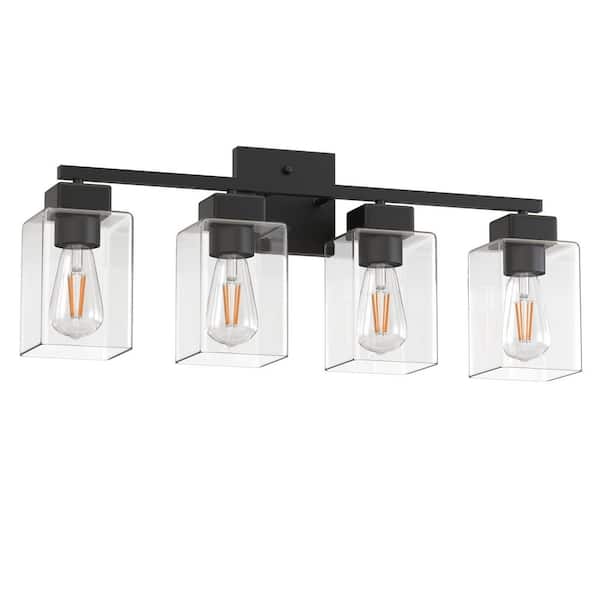 25 in. 4-Light Matte Black Modern Vanity Light with Square Clear Glass Shade, Wall Lighting Fixtures for Bathroom
