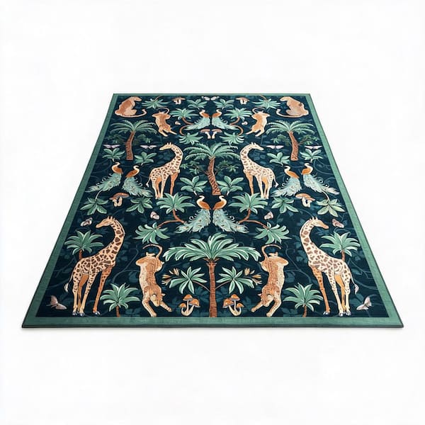Dark Blue 9 X 12 ft. Jungle Animal Washable Low Pile Area Rug, Soft Non-Slip Indoor Stain Resistant Carpet for Indoor