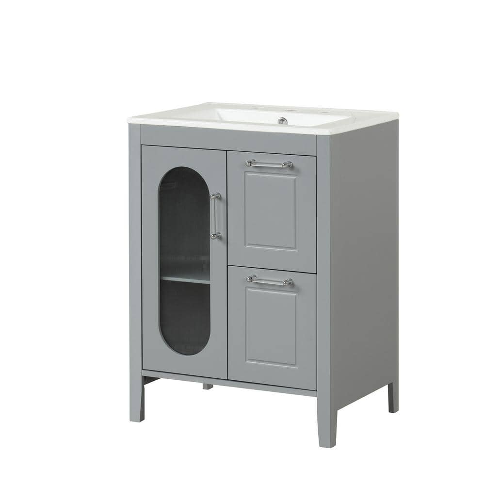 24 in. W x 18.3 in. D x 33.2 in. H Freestanding Bath Vanity in Grey with White Ceramic Top, Glass Door and 2-Drawers price history on PriceWatchPro