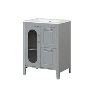 24 in. W x 18.3 in. D x 33.2 in. H Freestanding Bath Vanity in Grey with White Ceramic Top, Glass Door and 2-Drawers