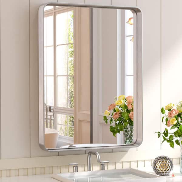 TETOTE 18 in. W x 24 in. H Rectangular Aluminum Framed Wall Mount Bathroom Vanity Mirror in Silver