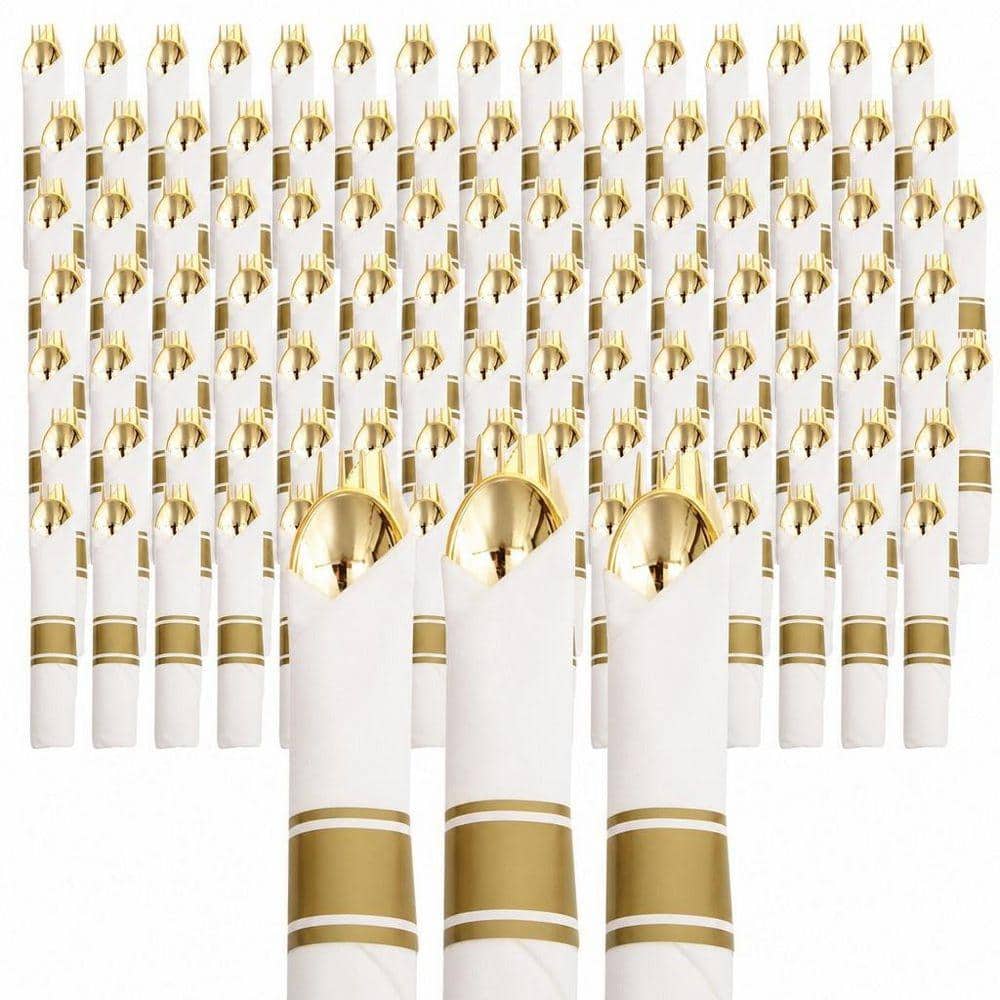 Wudkey 480-Piece Gold Wrapped Plastic Cutlery Set with Napkins