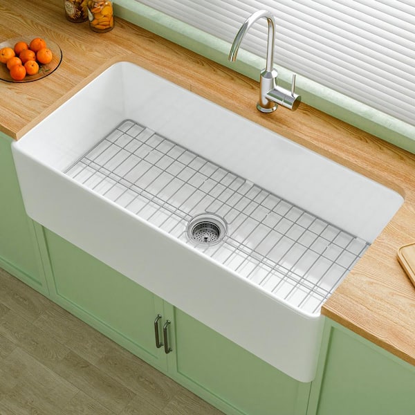 Farmhouse Series 36 in. Apron Front Kitchen Sink Single Bowl White Fireclay Sink with Bottom Grids and Drain Barn Sink