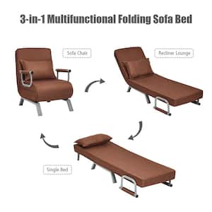 Coffee Linen Folding Convertible Sleeper Armchair with Pillow