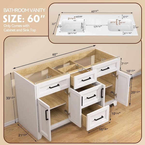 Solid Wood 60 in. Double Sink White Freestanding Bathroom Vanity Cabinet with Pure White Solid Surface Top Assembled