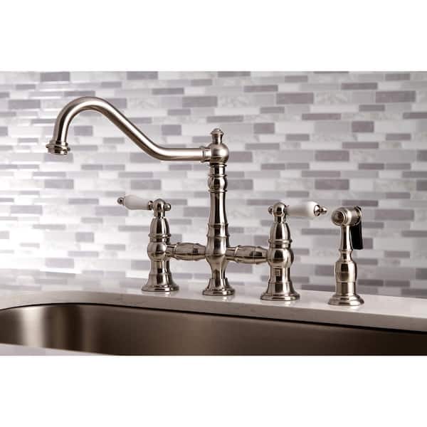 Restoration 2-Handle Bridge Kitchen Faucet with Side Sprayer in Brushed Nickel