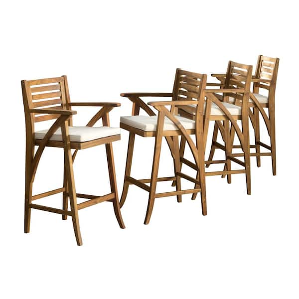 Hermosa Wood Outdoor Patio Bar Stool with Cream Cushion (4-Pack)