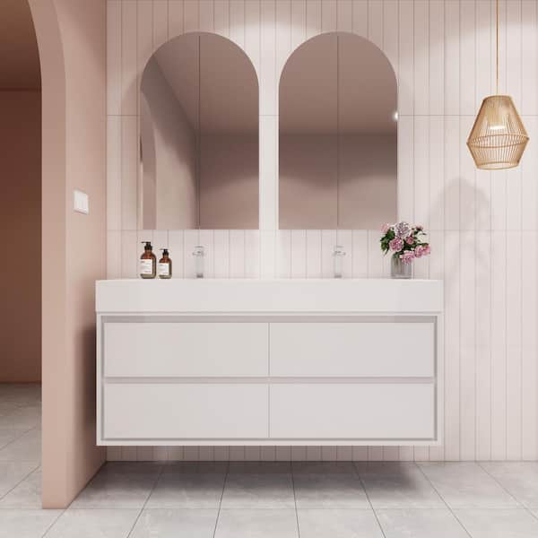 BV Better Vanity Saggie 59 in. W. x 20 in. D x 28 in. H Double Sink Floating Bath Vanity in Gloss White with White Acrylic Top