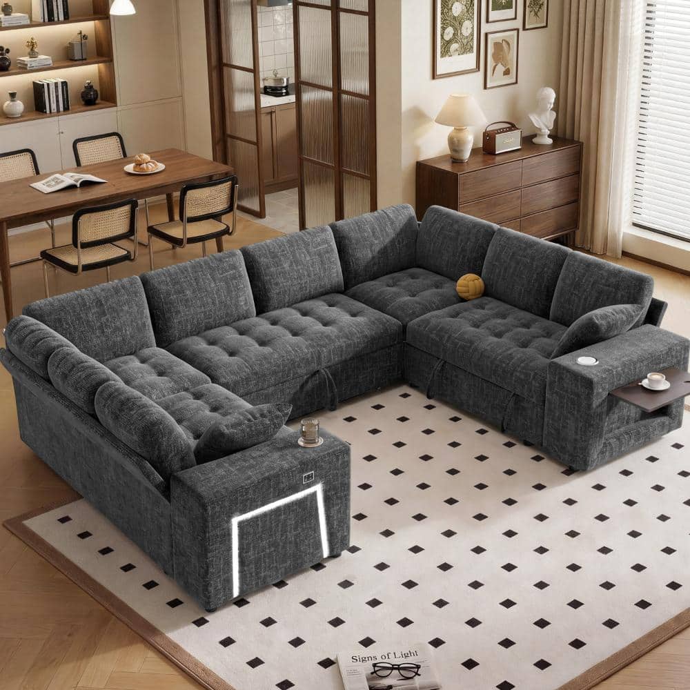 110" 8-Seat Grey Sleeper Sofa Bed with Pull out Bed,U Shaped Modular Sectional Couch for Living Room,Tool-Free Assembly