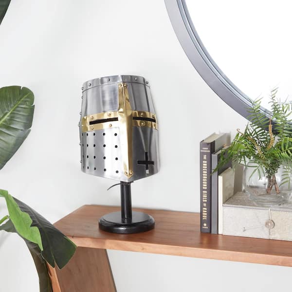 Litton Lane Silver Metal Replica Medieval Knight Crusader Helmet with Black Wood Stand