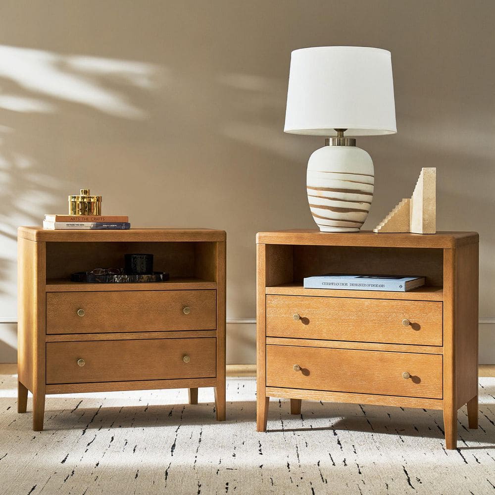 Meneghin Oak 2-Drawer Nightstand with Built-In Charging Ports (Set of 2)