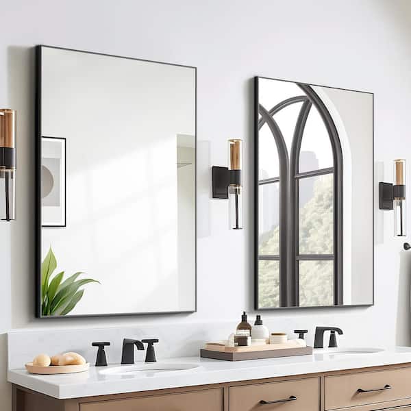 Lirago 31 in. W x 24 in. H Rectangular Metal Framed Bathroom Wall Mirror in Black 2-Pieces