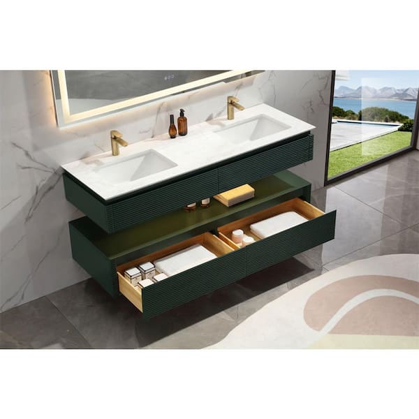 ANGELES HOME 60 in. W Modern Floating Double Layer Bath Vanity in Green with 2 Drawers, Double Sinks, White Cultured Marble Top