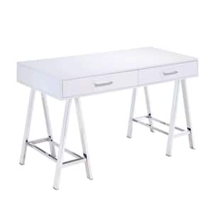 22.05 in. W Silver and White Rectangular 2-Drawers Wooden Writing Desk with Saw Horse Metal Legs