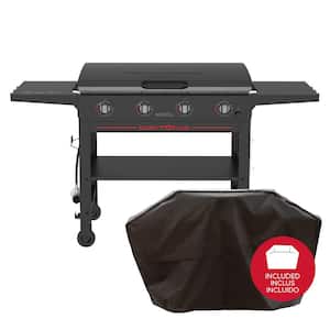 Daytona 4-Burner Propane Gas Grill 36 in. Flat Top Griddle with Lid in Black and PVC Cover Bundle