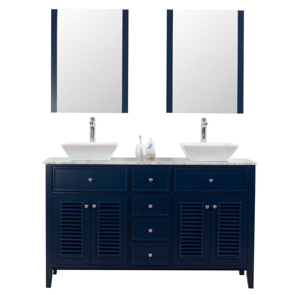 Venice 60 in. W x 18 in. D Bath Vanity in Navy with Marble Vanity Top in Wh
