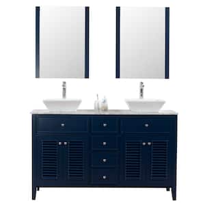 Venice 60 in. W x 18 in. D Bath Vanity in Navy with Marble Vanity Top in White with White Basin and Mirror