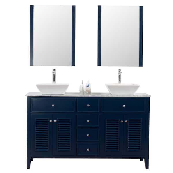 Unbranded Venice 60 in. W x 18 in. D Bath Vanity in Navy with Marble Vanity Top in White with White Basin and Mirror