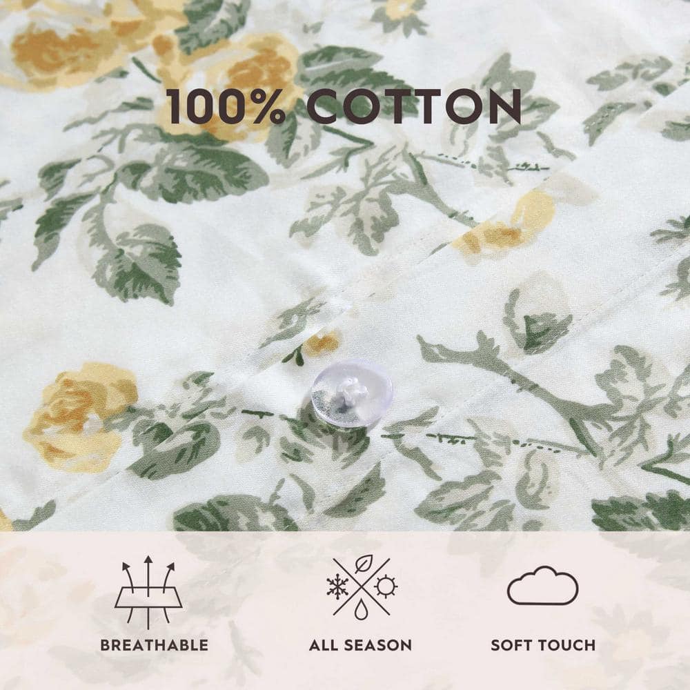 Gold and Green Cotton Floral Full/Queen Duvet Cover Set
