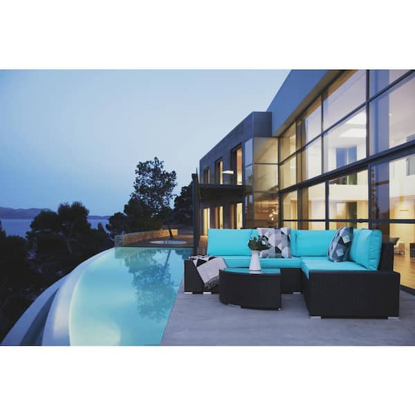 Afoxsos Dark Brown 6-Piece Outdoor Pe Wicker Rattan Patio Conversation Set Patio Furniture Set with Table and Blue Cushions