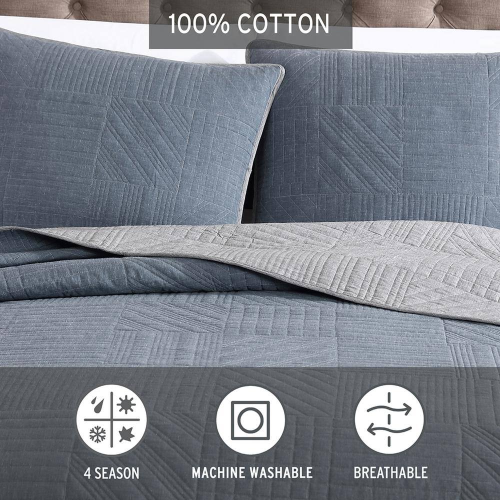 Casual Comfort Denim Blue & Chrome Gray Full Cotton Quilt Set