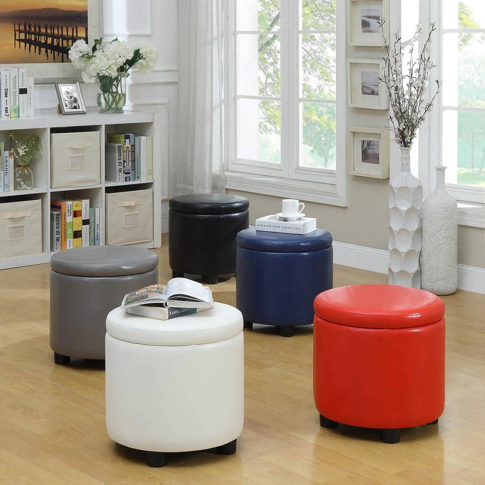 Gray Faux Leather Round Storage Ottoman with Reversible Tray Lid