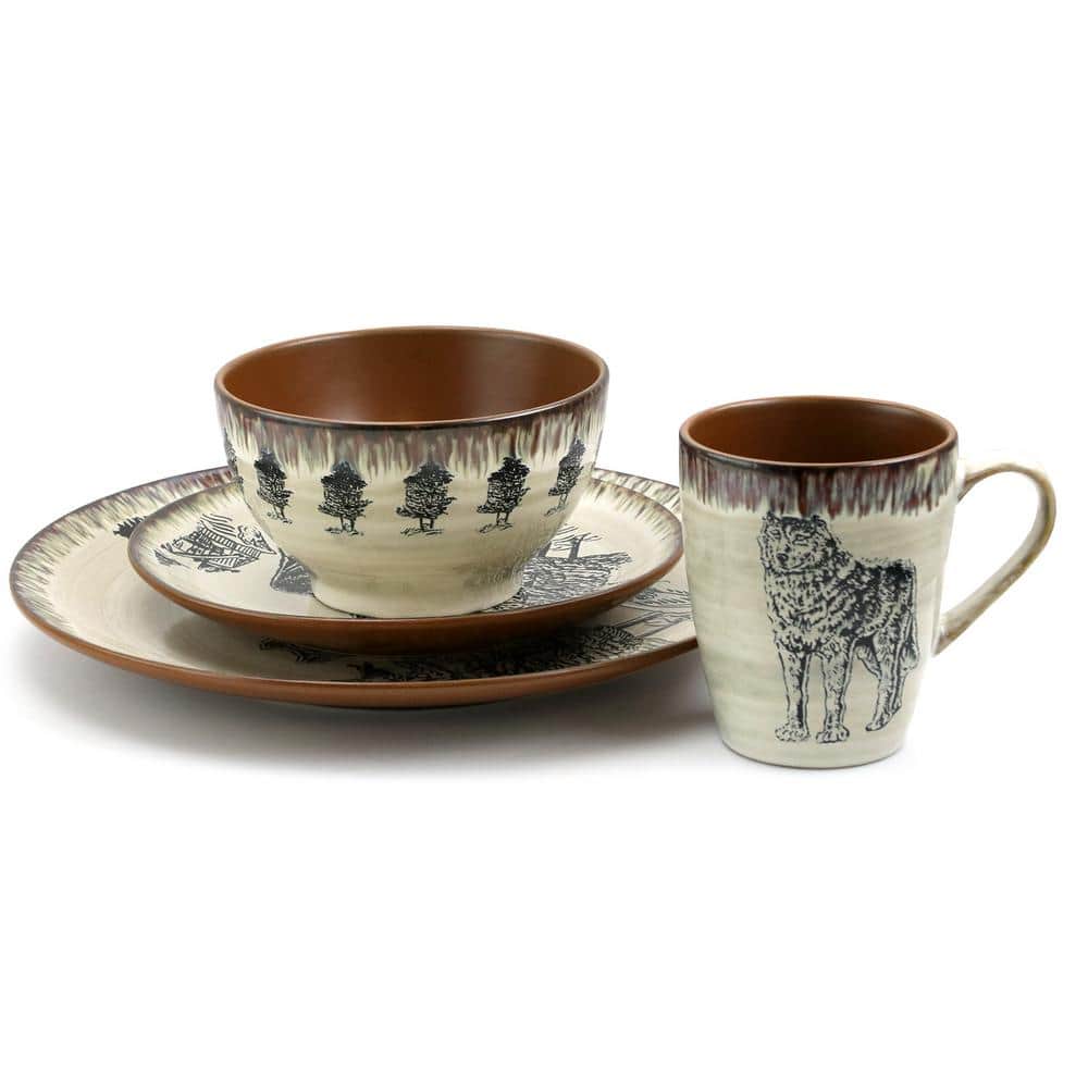 Majestic Wolf Taupe Ceramic Holiday Dinnerware Set for 4