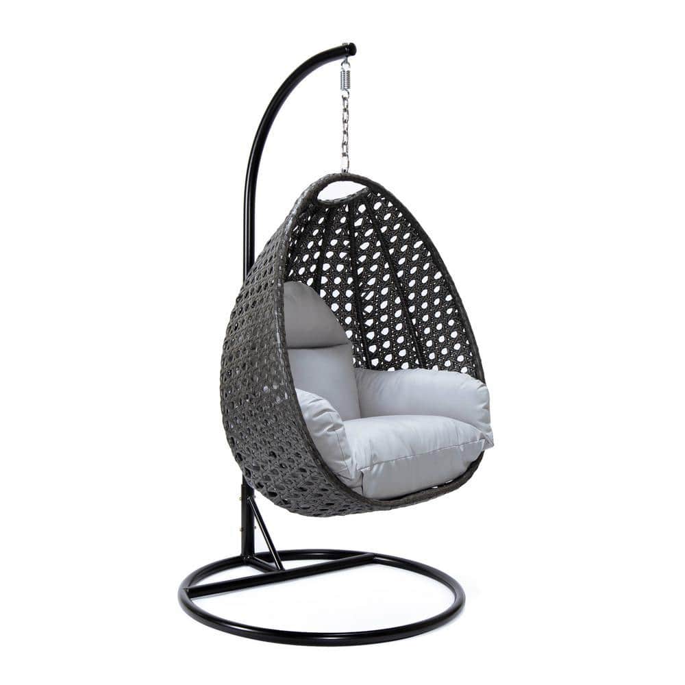 Charcoal Wicker Indoor Outdoor Hanging Egg Swing Chair For Bedroom and Patio with Stand and Cushion in Light Grey