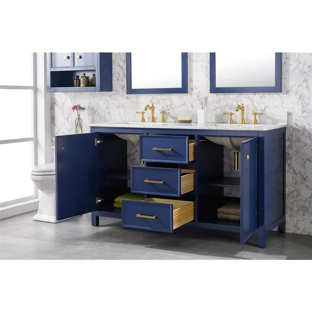 Blue Double Sink Vanity with Carrara Marble Top and Gold Hardware