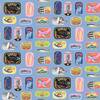 WallPOPs Rachel Antonoff NuWallpaper Blue Sardine Tins Matte Vinyl Peel and Stick Wallpaper Sample RAS6268SAM