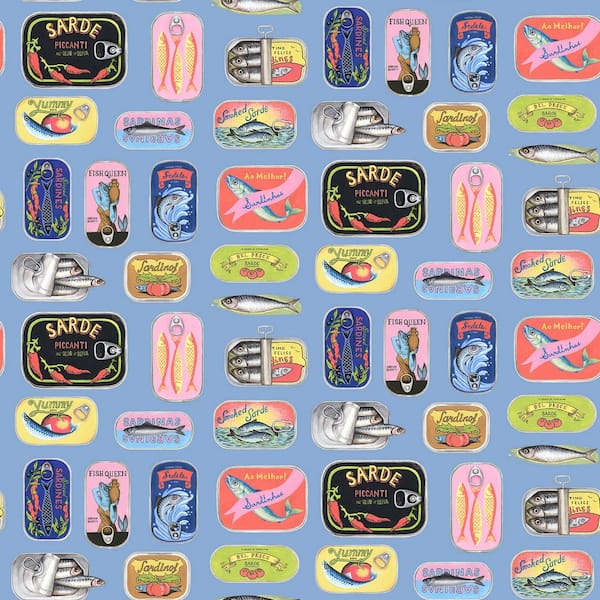 WallPOPs Rachel Antonoff NuWallpaper Blue Sardine Tins Matte Vinyl Peel and Stick Wallpaper Sample